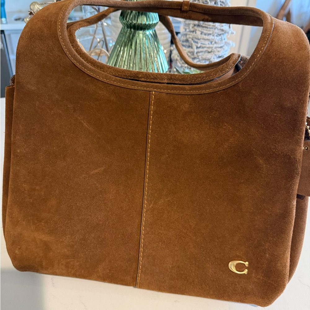 Brown Suede Handbag with Gold Accent